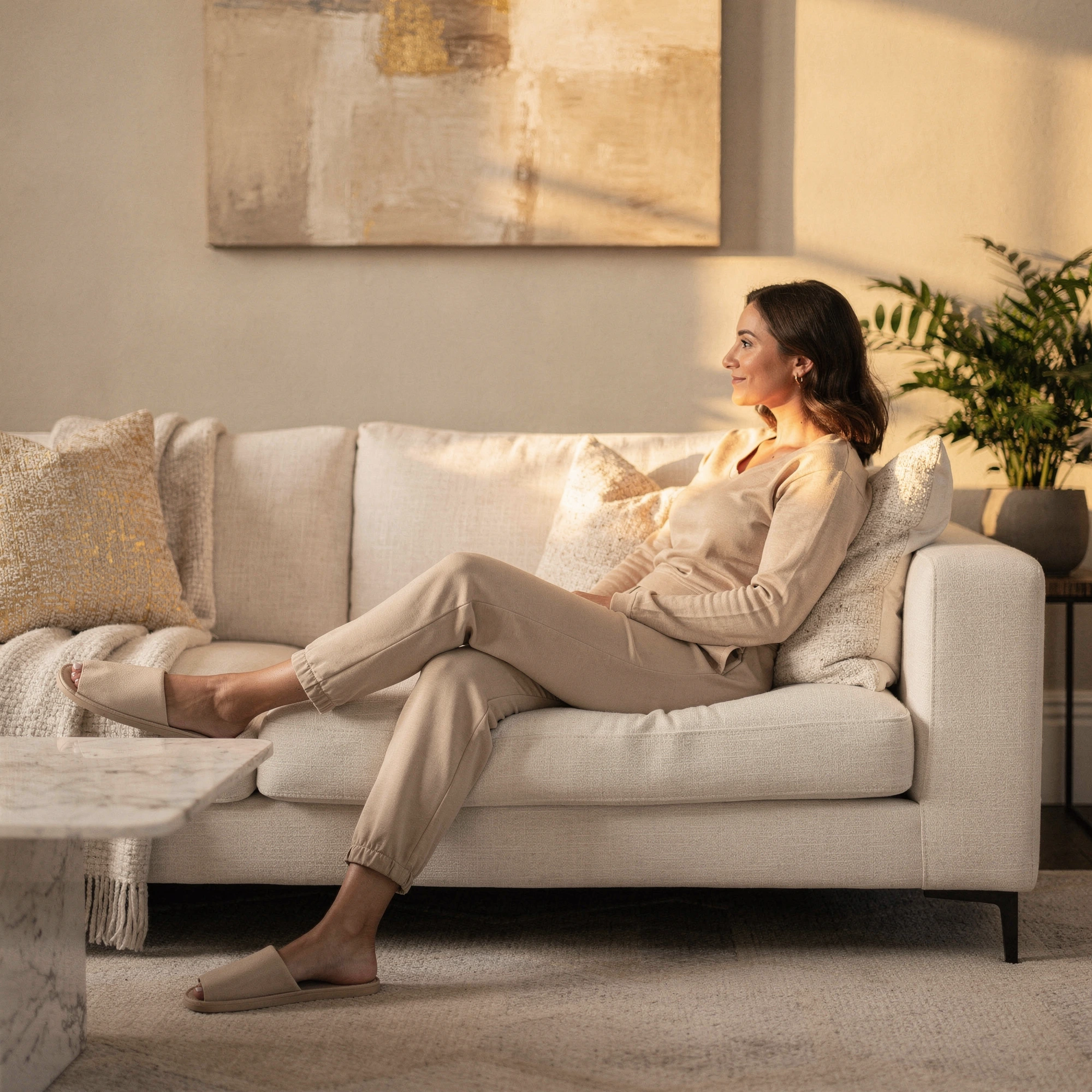 Woman relaxing on a beige sofa in a modern living room during a telehealth consultation